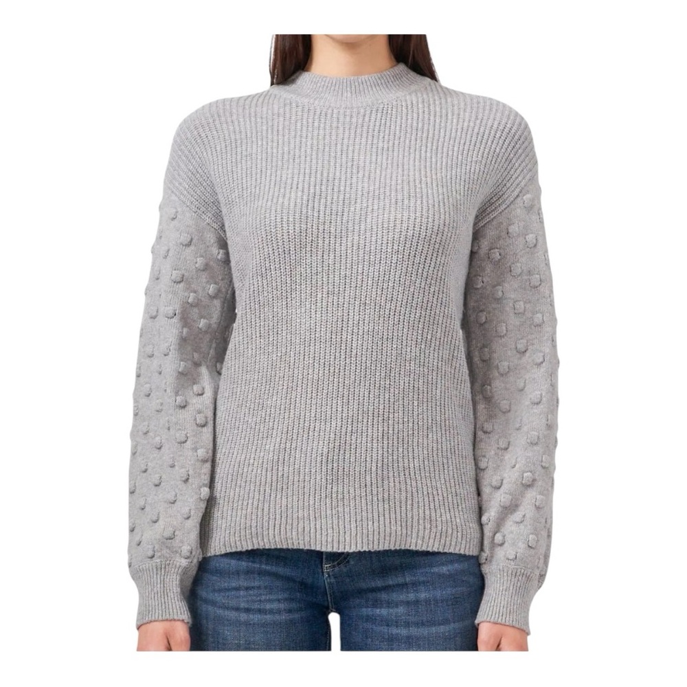 Vince Camuto Light Heather Grey Balloon Bobble Stitch Sleeves Crewneck Sweater
